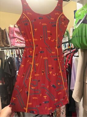 Red Sleeveless Fit-and-Flare Dress with Racing Print